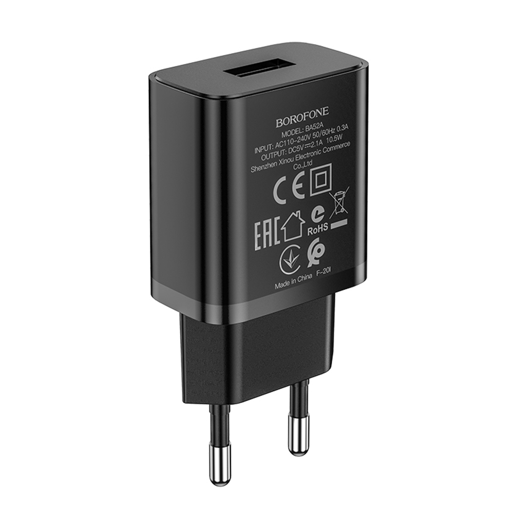 

Borofone BA52A USB Charger Wall Smart Phone Tablet Charger Adapter EU Plug, Black, 501 Original