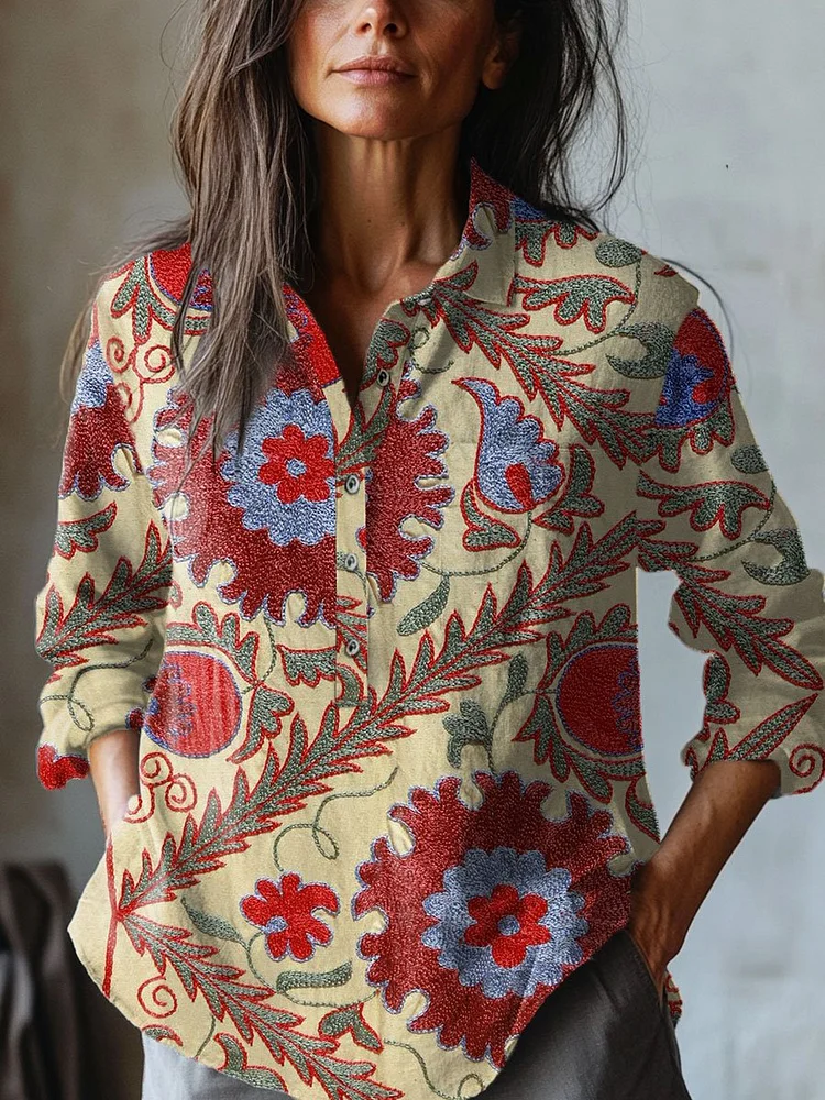 Women's   Floral  Art Print Casual Cotton And Linen Shirt