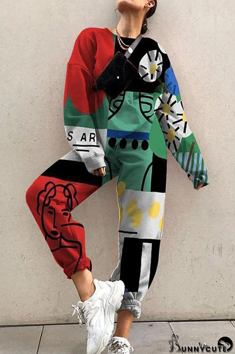 Casual Sportswear Print Contrast O Neck Long Sleeve Two Pieces