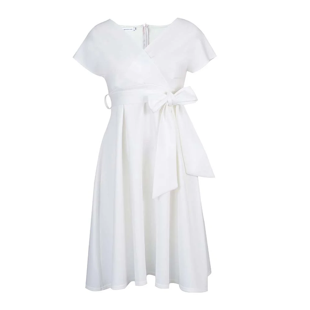 V-neck Solid Color Waist Bow Tie Dress White Dresses