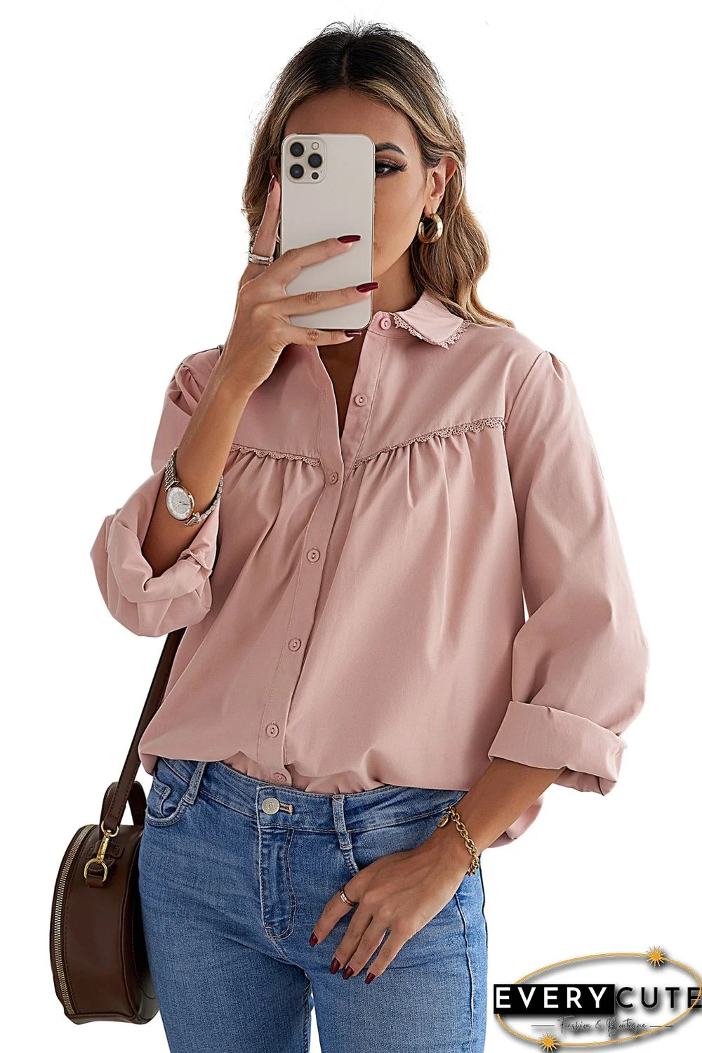 Pink Plain Pleated Bust Cuffed Sleeves Shirt