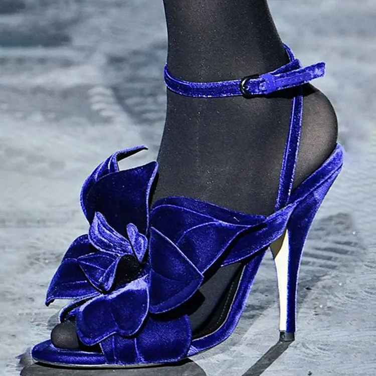 Women's Royal Blue Velvet Open Toe Floral Stiletto Heeled Sandals |FSJ Shoes