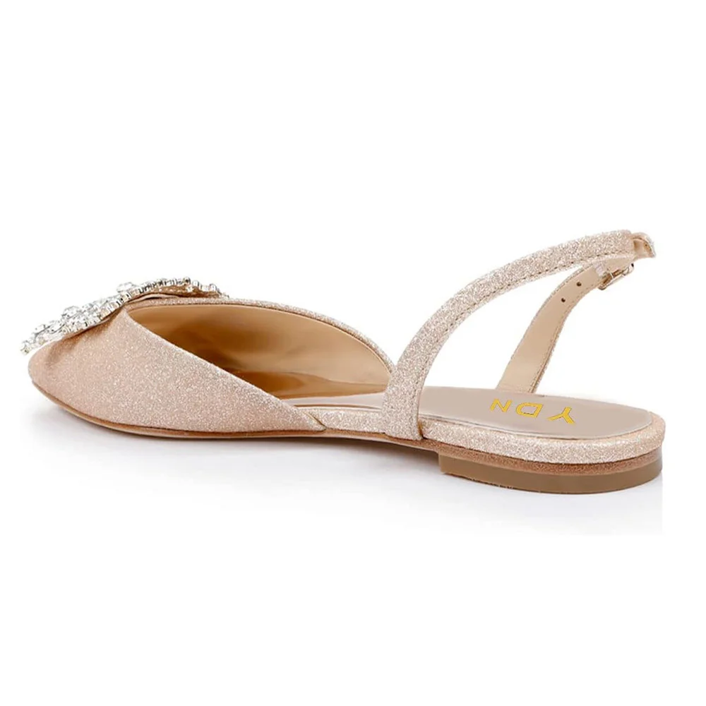 Rose Gold Glitter Pointed Rhinestone Embellished Slingback Flats