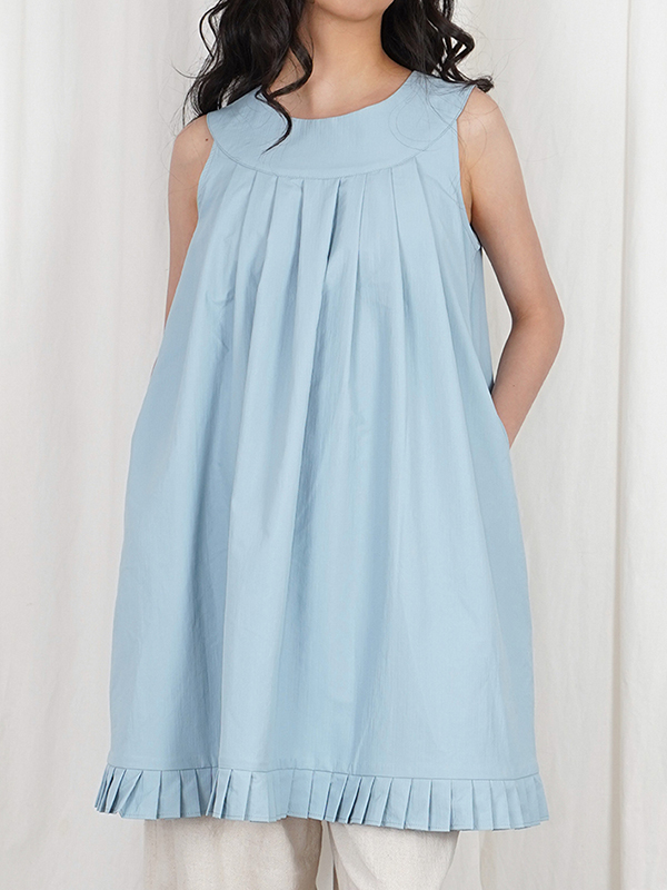 Artistic Sleeveless Round Neck Pleated Ruched Detail Blouses