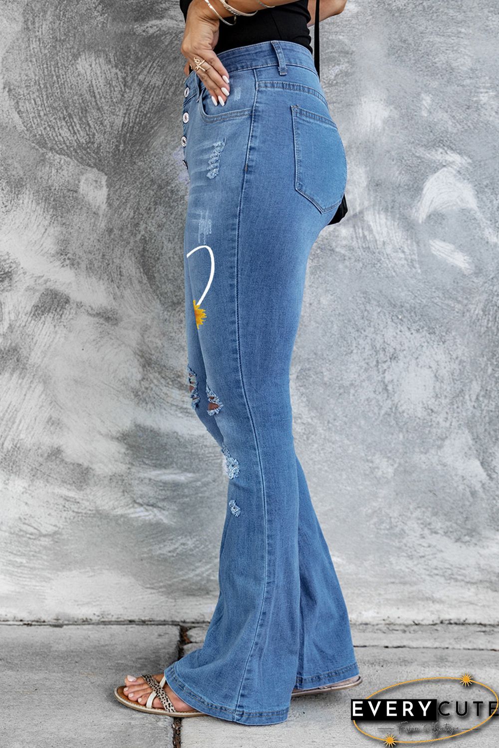 Sky Blue Sunflower Heart Print Button Fly Distressed Flare Jeans