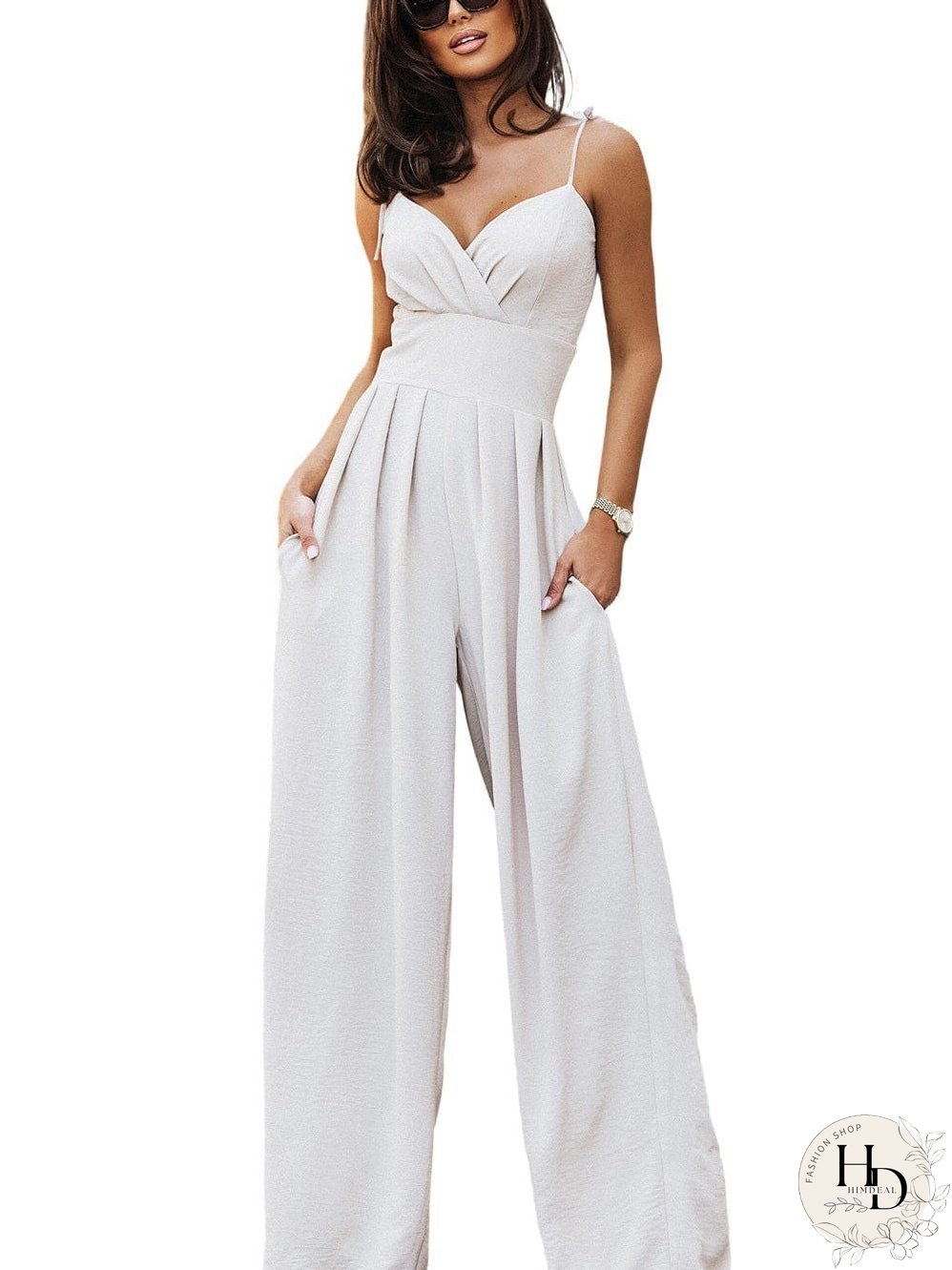 Elegant Beige Pleated Wide Leg Jumpsuit with Spaghetti Straps