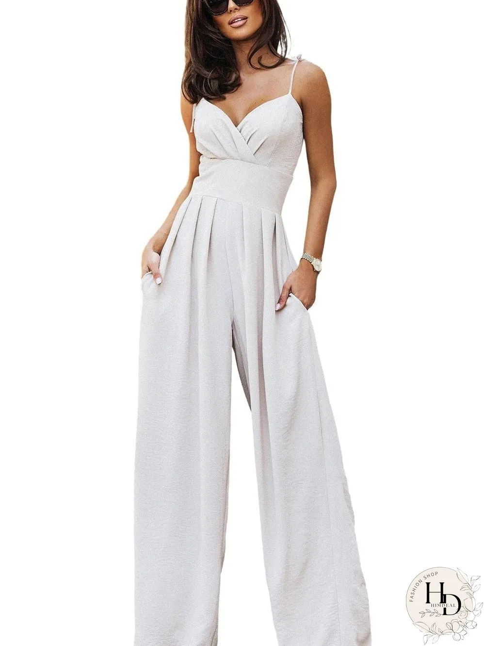 Elegant Beige Pleated Wide Leg Jumpsuit with Spaghetti Straps