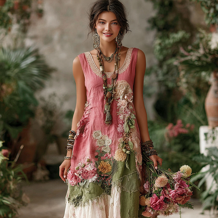 Women's Floral Patchwork Embroidered Sleeveless Round Neck Dress