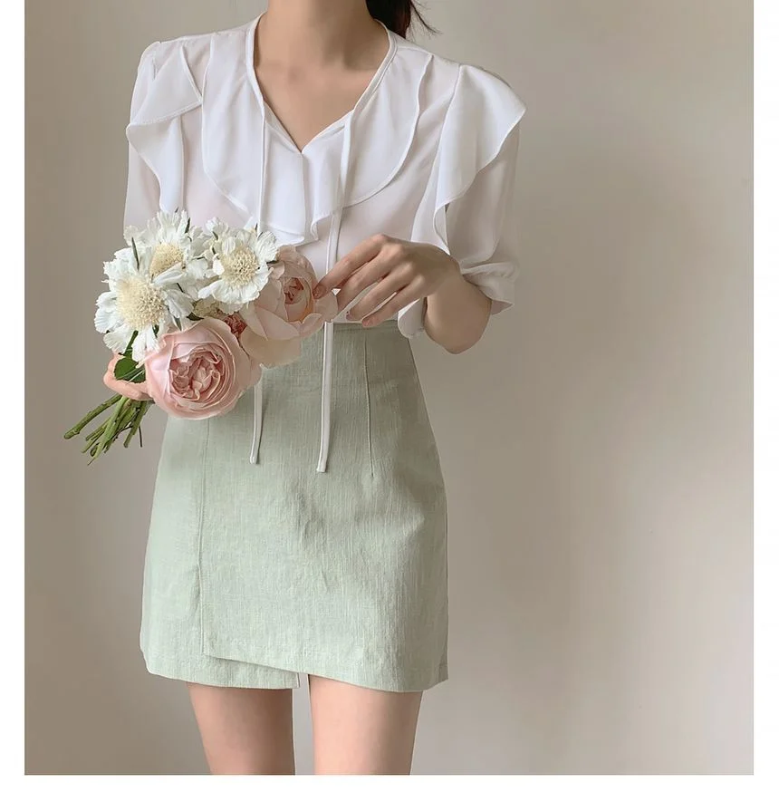 Puff-Sleeve Frill Trim Chiffon Blouse / Asymmetrical Mini Skirt YP2462