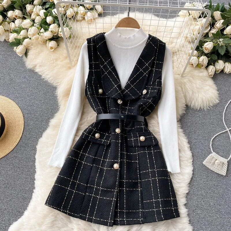Autumn New Fashion Temperament Suit Age-reducing Tweed Vest Dress Half High Neck Knitted Bottoming Shirt Two-piece Suit KK1353