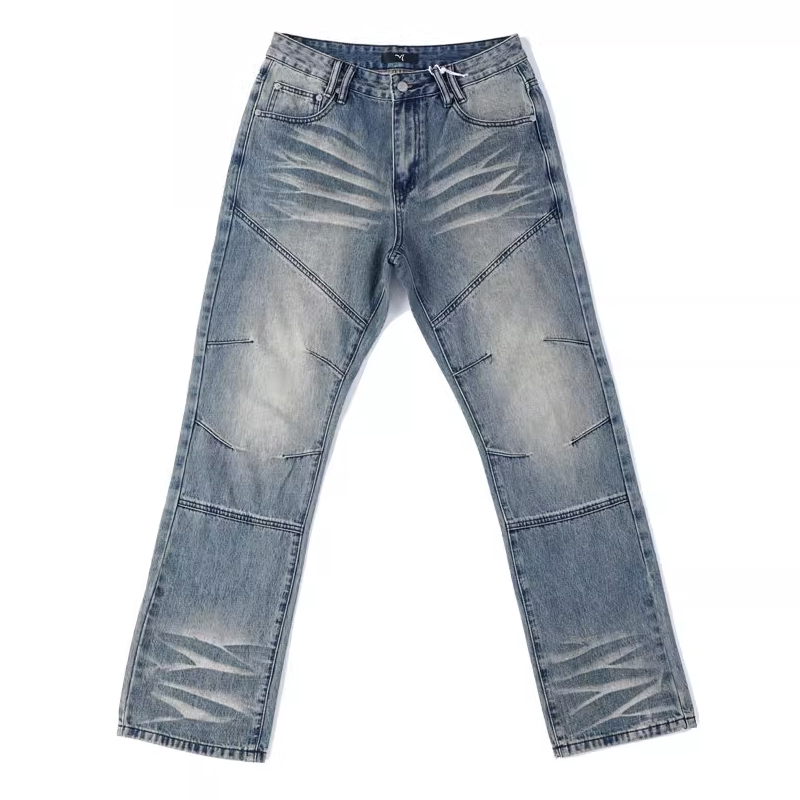 American Style Loose Straight Stitching Distressed Washed Jeans