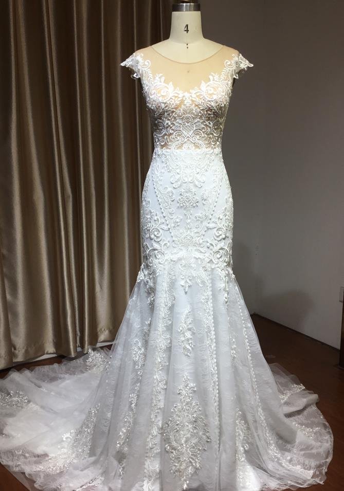 Luluslly Mermaid Cap Sleeves Sheer Wedding Dress With Tulle Appliques