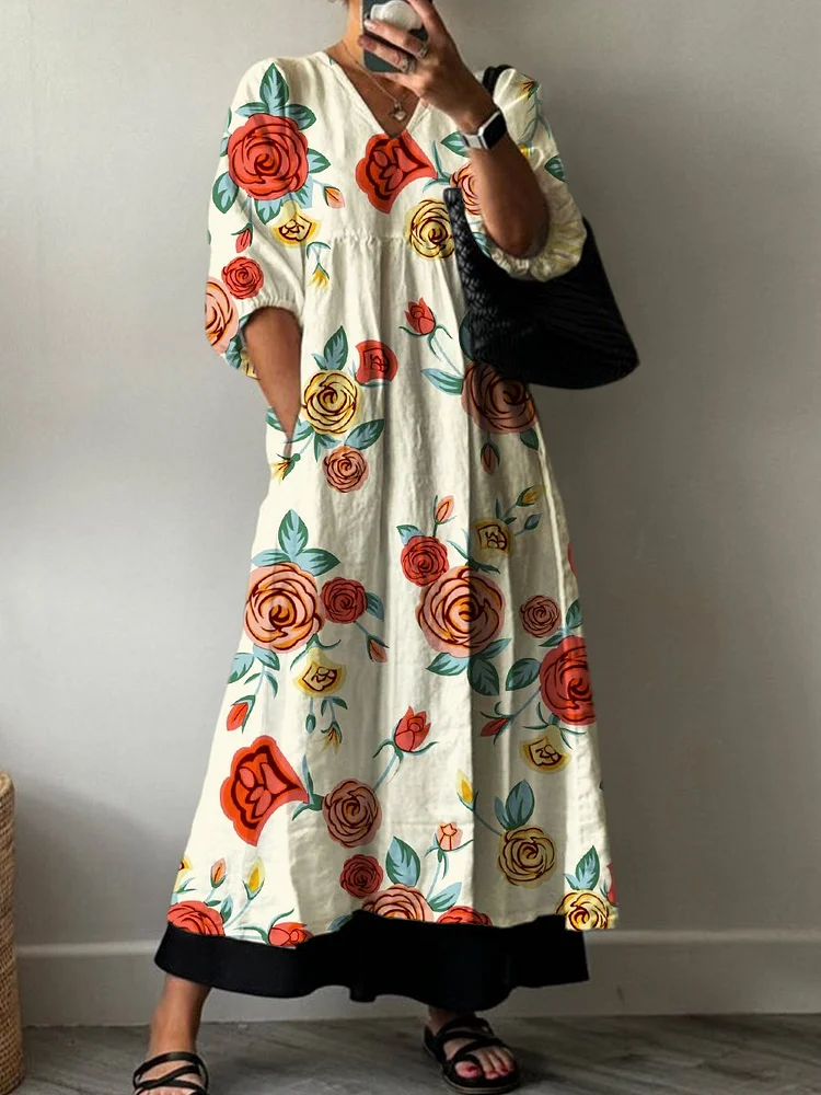 Vintage Rose Floral Print Pocket V-neck Cotton Dress