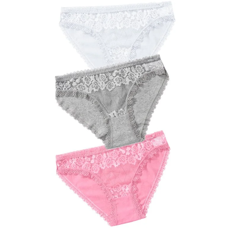 3PCS Lace Panties Women's Cotton Underwear Seamless Cute Girls Briefs Lingerie Solid Fashion Female Sexy Panties Plus Size XXL