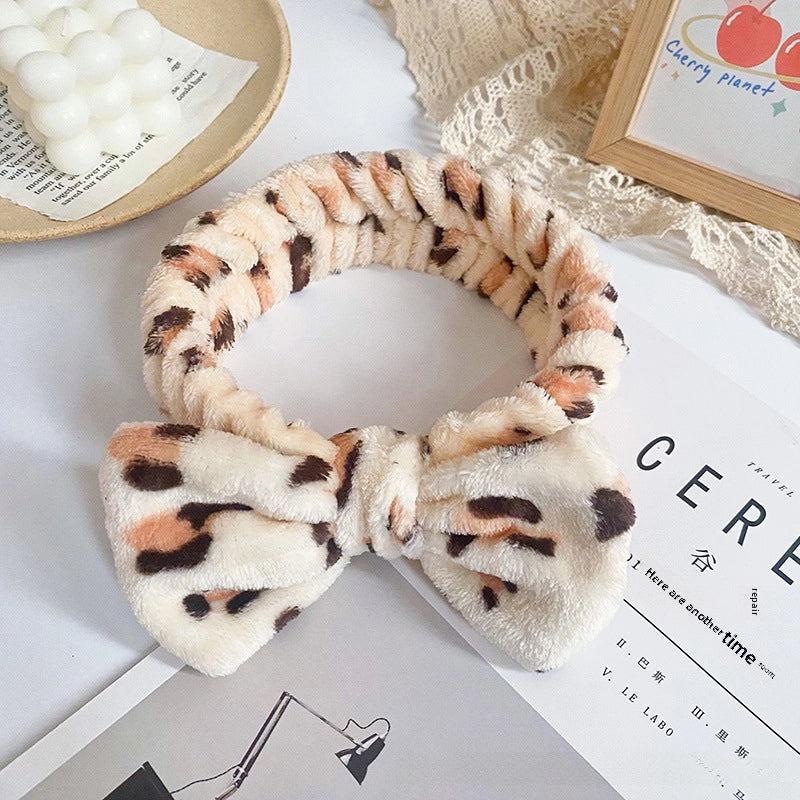 Leopard Stripe Bow Hair Band Women’s Face Washing Sports Hair Band Coral Fleece Hair Accessories
