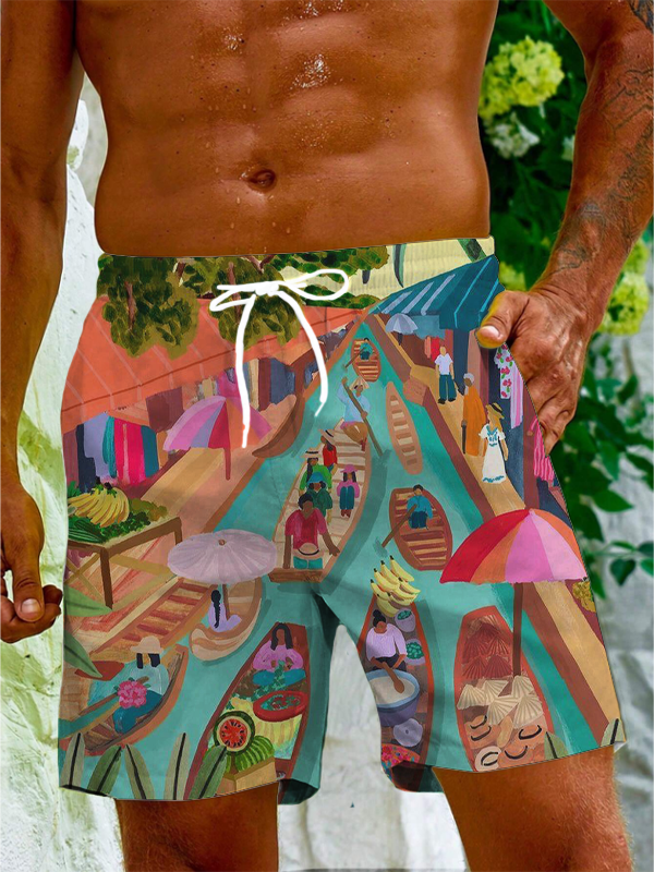 Men's Vacation Floating Market Print Casual Shorts