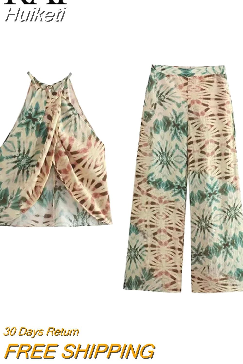 Huiketi Summer Thin Fashion Printed Women's Short Top Set Retro High Waist Side Zipper Women's Casual Trousers 2-Piece Sets