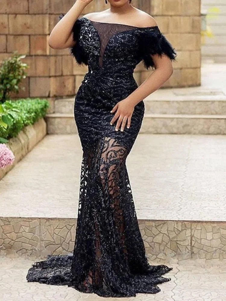 Promsstyle Promsstyle Off shoulder feather sheer mermaid evening dress Prom Dress 2023