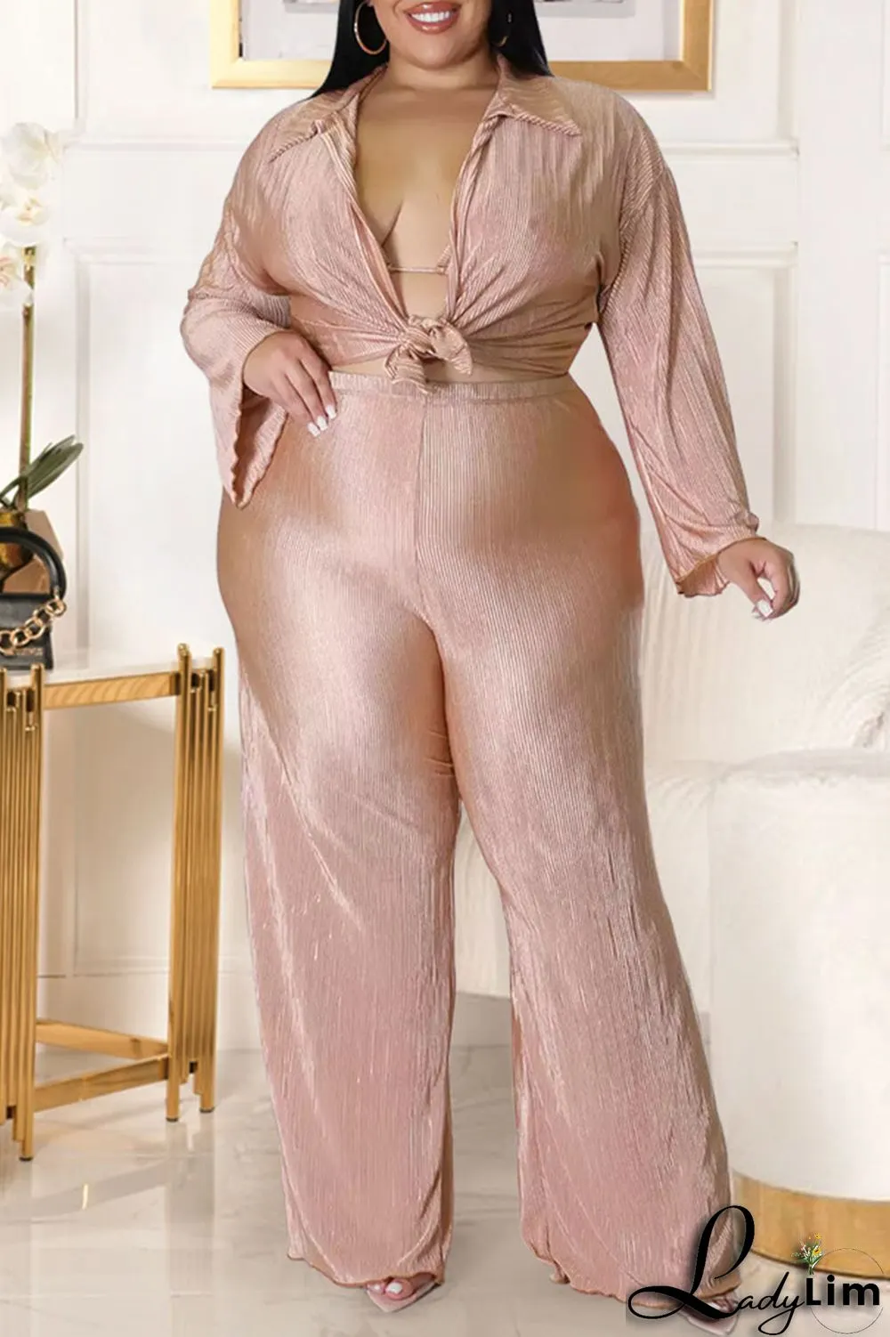 Tangerine Red Sexy Solid Patchwork Turndown Collar Plus Size Three Pieces