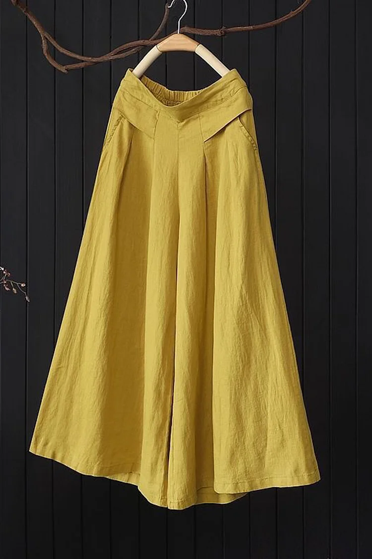 Plus Size Casual Yellow Cotton And Linen Retro Pocket Wide Leg Pants  Flycurvy [product_label]
