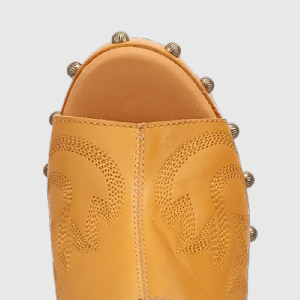 Yellow Faux Leather Peep Toe Embroidered Studded Platform Mules