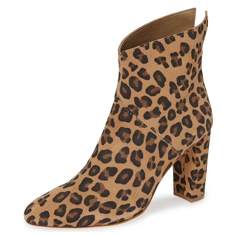 Brown Leopard Print Booties Vegan Suede Chunky Heel Zip Ankle Boots |FSJ Shoes