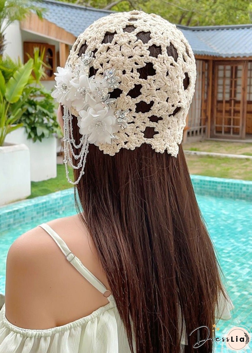 Handmade Beige Embroidery Nail Bead Cotton Knit Bonnie Hat