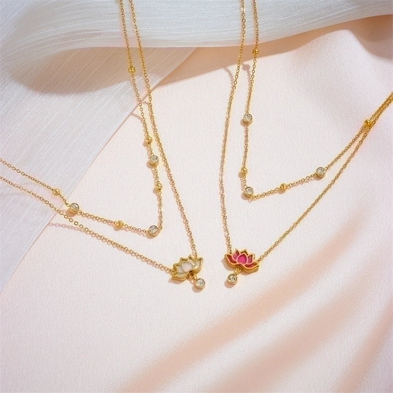 Titanium Steel 18K Gold Plated Sweet Inlay Flower Acrylic Pendant Necklace