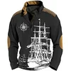 Men's Retro Nautical Sailing Compass Print Zipper Stand Collar Sweatshirt Christmas Holiday Tops Khaki Gray Black by Inlyline