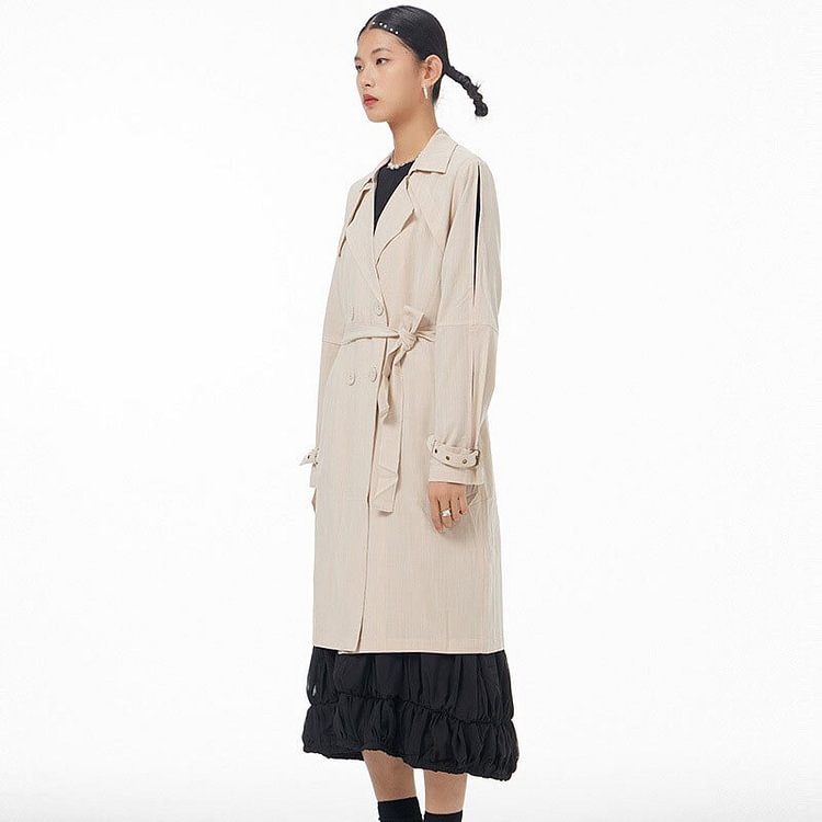 Casual Solid Color Lapel Double Breasted Lace-up Long Sleeve Pockets Windbreaker Coat