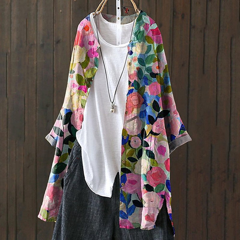 Abstract Art Flower Print Casual Cardigan artswardrobe