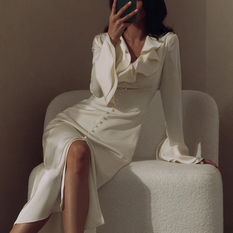 Ootddress Ruffled Elegant For Women Long Dress Fashion V-Neck Patchwork Long Sleeve Slim Party Dress Gown White Spring Maxi Dress