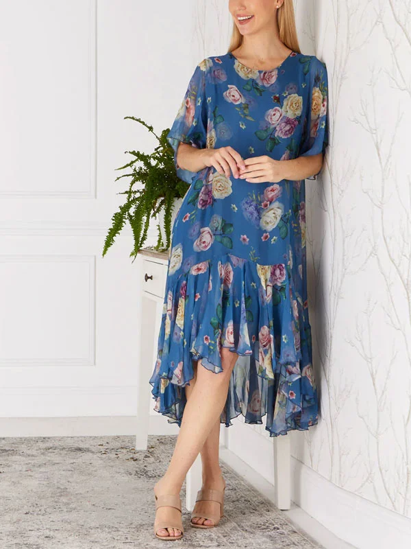 Round neck comfortable chiffon print casual ladies dress