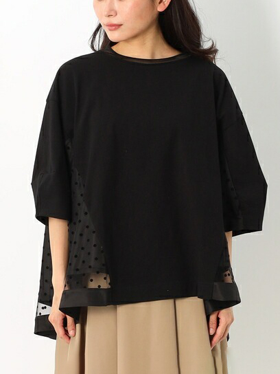Polka Dot Pattern Oversize 3/4 Sleeve Asymmetric Hem Top