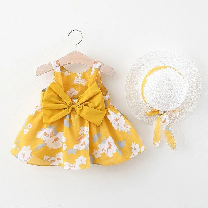 1 to 4 Years 2021 New Fashion Baby Girl Sleeveless Dresses Princess clothing Cute 2pcs set Party Cotton Flower Children Bow Hat