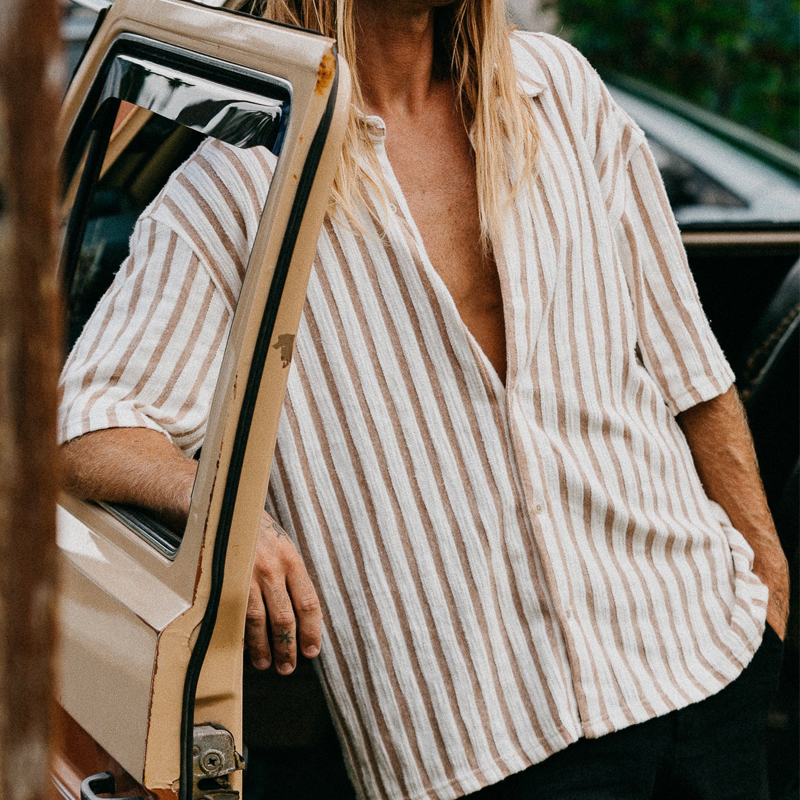 Men's Brown Striped Textured Short Sleeve Shirt