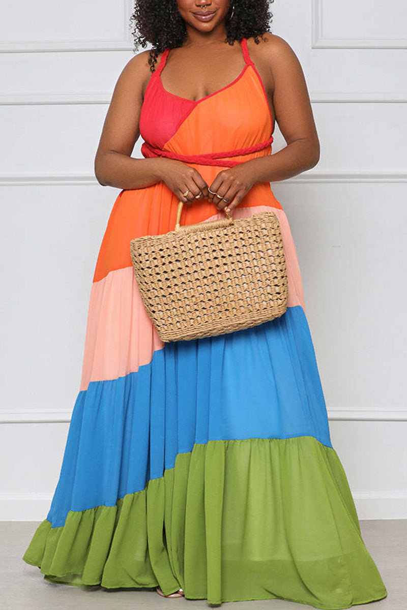 Sexy Fringed Trim Patchwork Backless Square Neck Long Sleeve Dresses