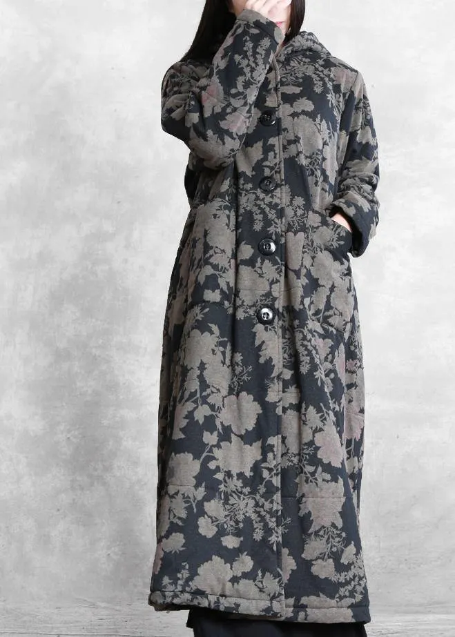 Luxury plus size snow coats black print hooded Button Down women parka