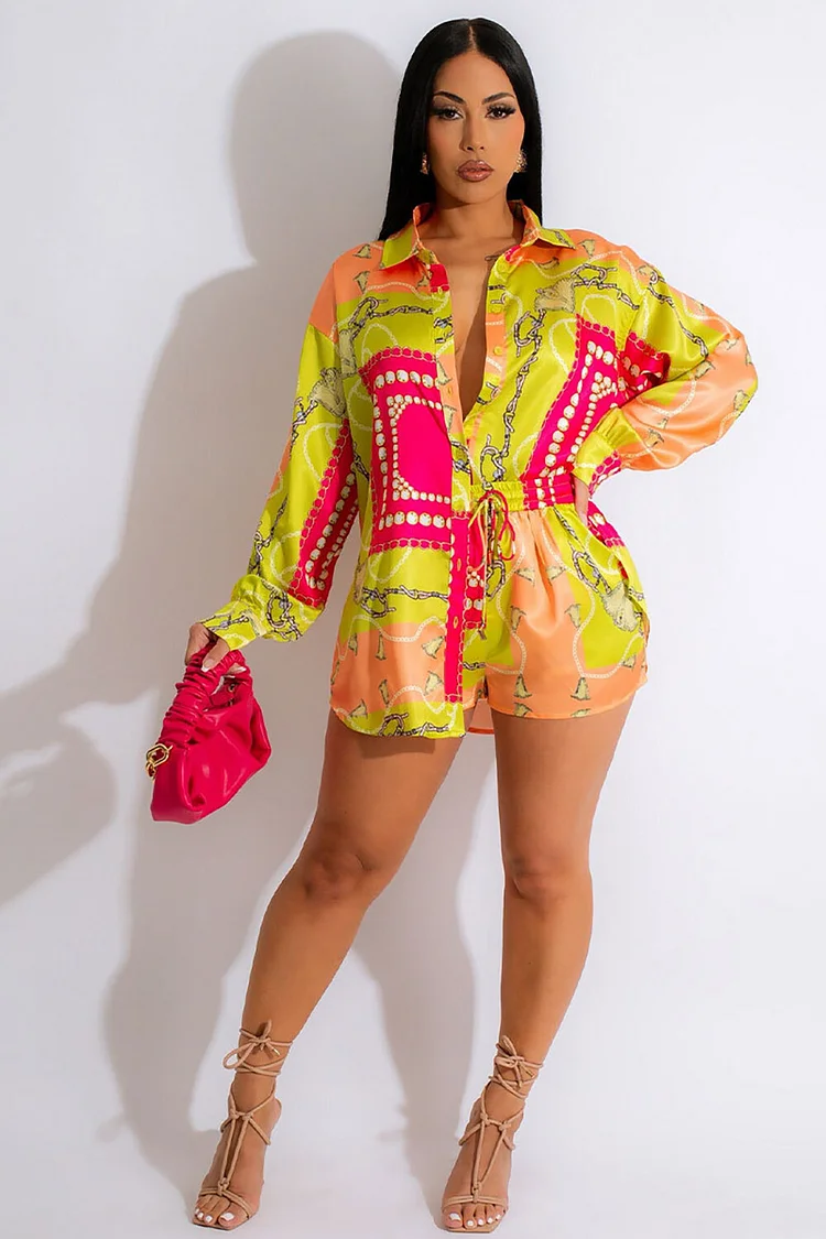 Chain Mixed Print Colorblock Long Sleeve Blouse Shorts 2pcs Set-Yellow