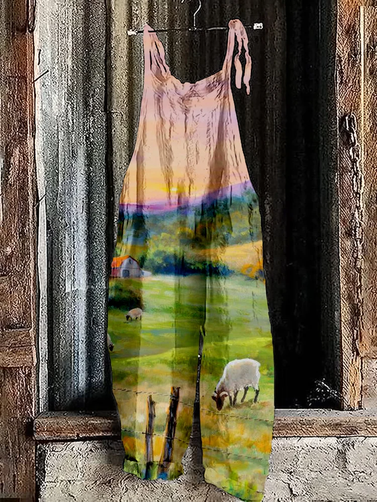 Sheep Pastoral Field Landscape Linen Blend Cozy Jumpsuit