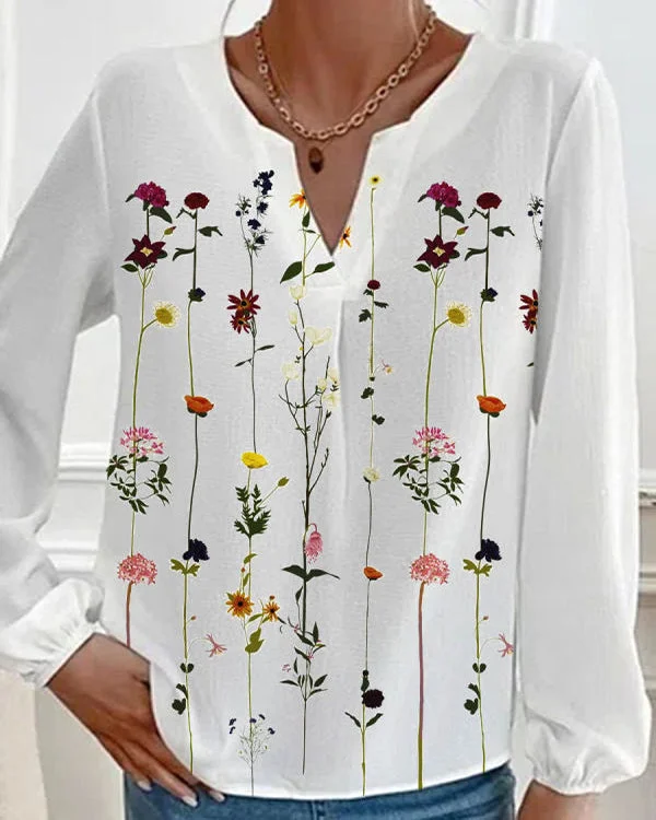 Casual Loose V-Neck Floral Print Long Sleeve Top