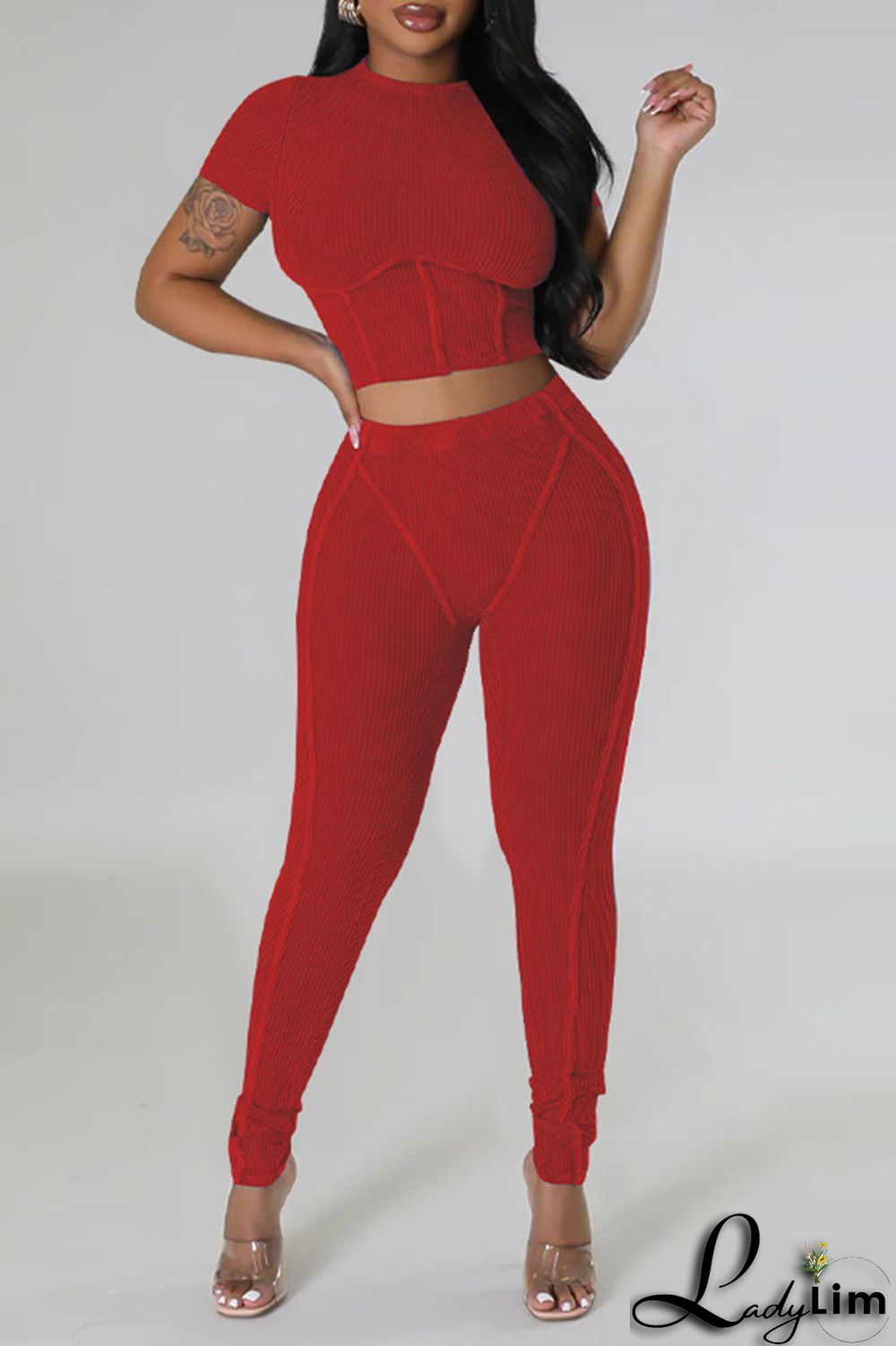 Black Sportswear Solid Patchwork O Neck Short Sleeve Two Pieces