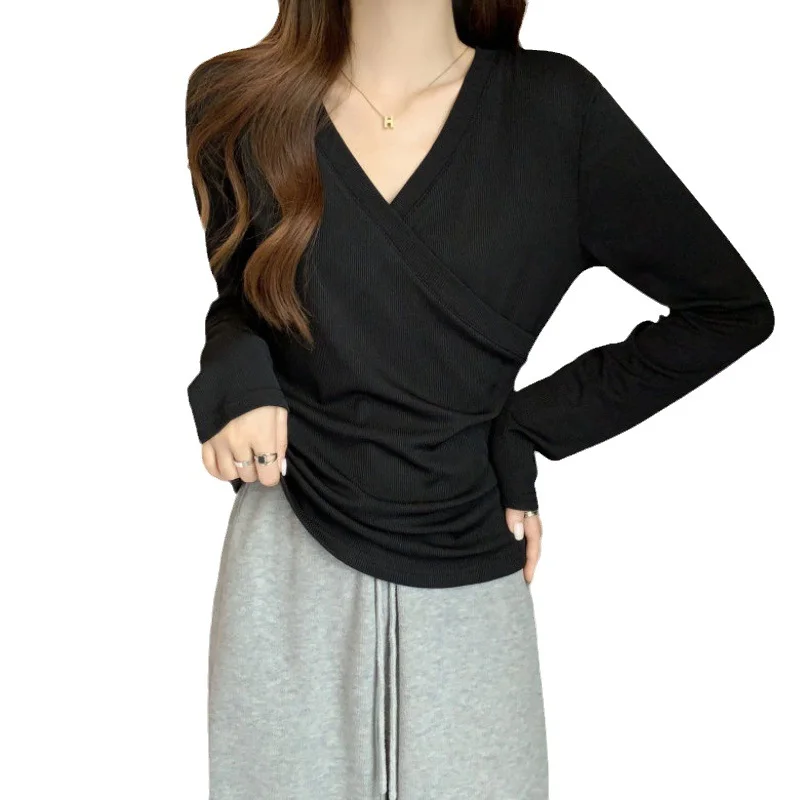 Toloer Toloer V-Neck Long-Sleeved T-Shirt Women 2024 New Design Sense Niche Fold Wear Inside With Heavy Bottom Shirt Tide-Outfit Ideas