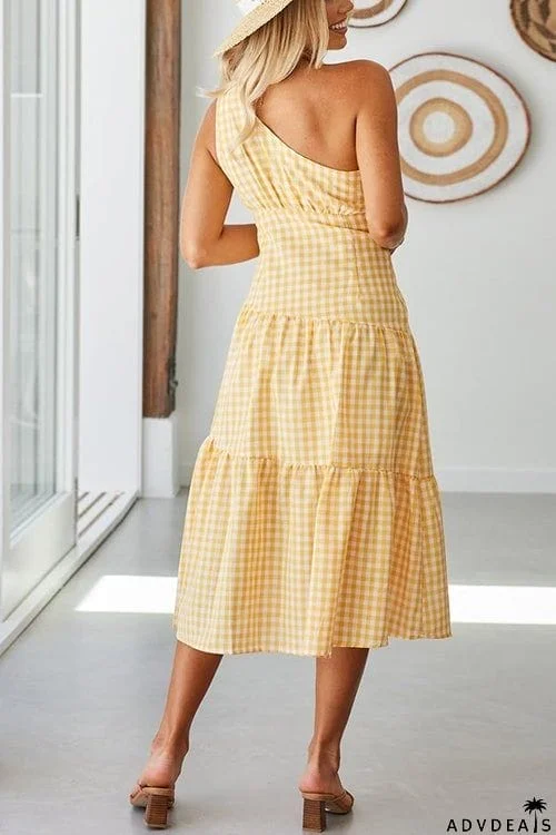 Plaid One Shoulder Layer Midi Dress