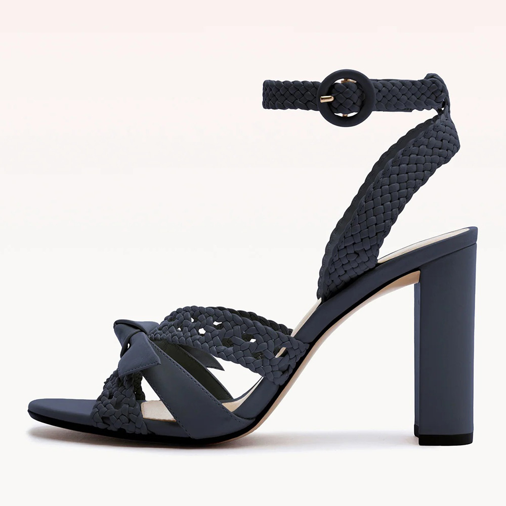 Open Toe Ankle Strap Bow Cut Out Woven Heeled Sandals in Navy Nicepairs