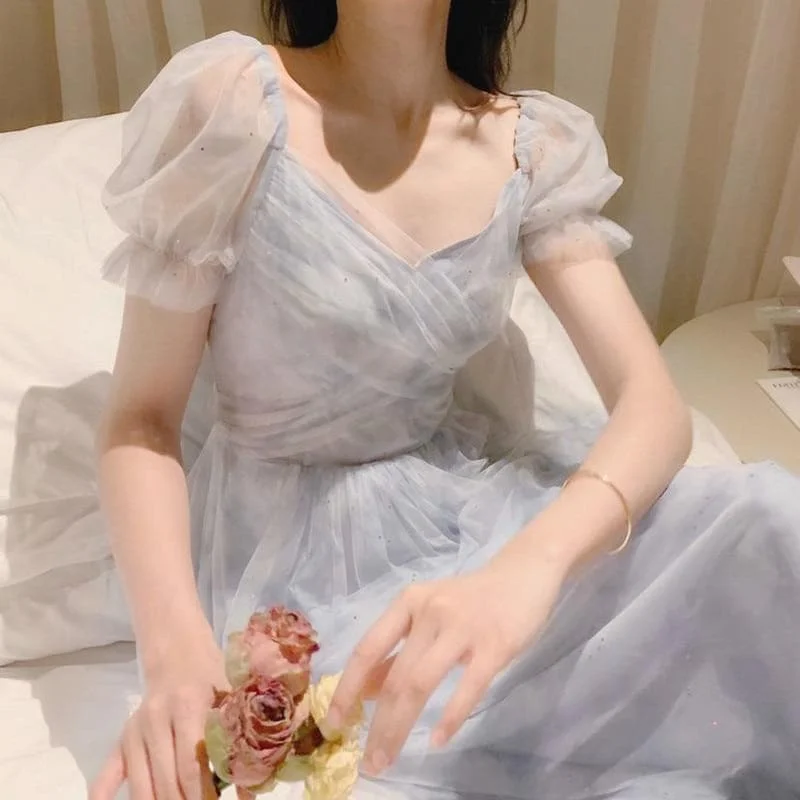 Lace Chiffon Fairy Dress Casual Puff Sleeve Cute Summer Dress SP16912