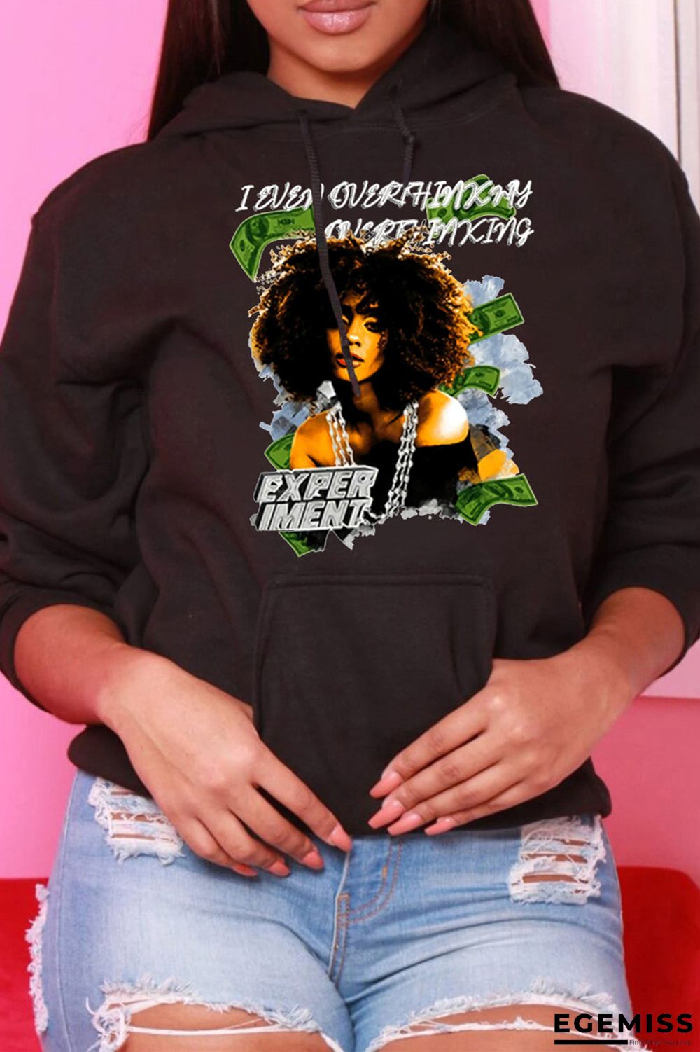 Black Casual Print Patchwork Hooded Collar Tops | EGEMISS