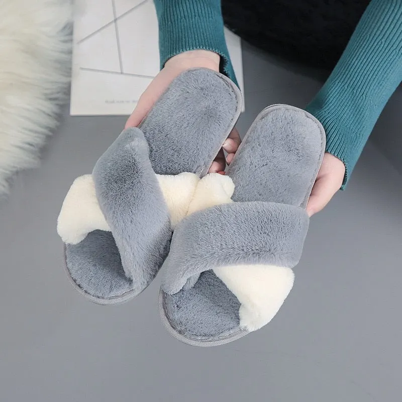 Newest Mixed Colors Fluffy Slippers Autumn Winter Home Slippers Women Furry Fur Slides Outdoor Women's Sandals 2021 Flip Flops