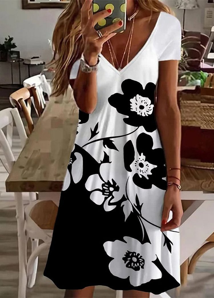 Print V Neck Short Sleeve Dress