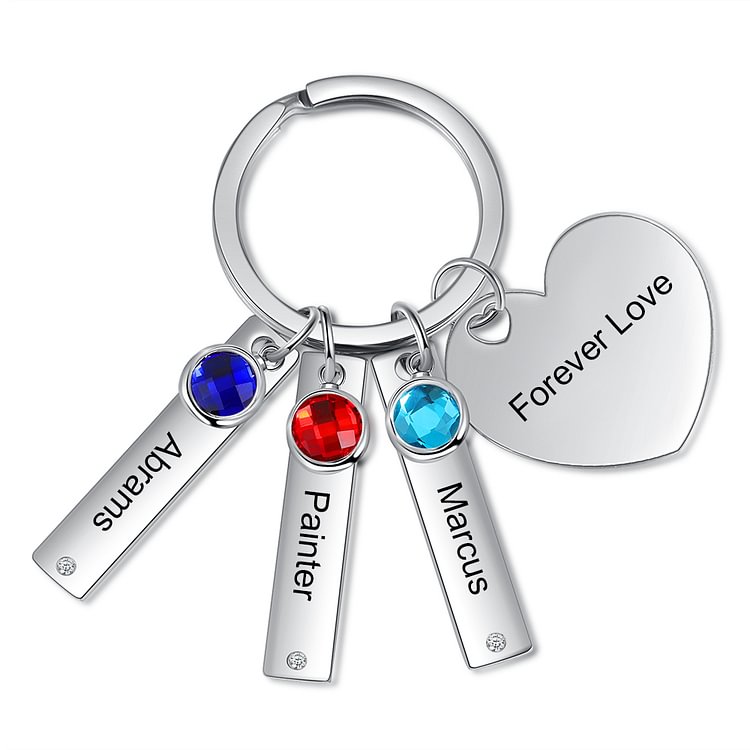 Personalized Keychain with Engraved 3 Name 、3 Birthstone and 3 Text Crystals